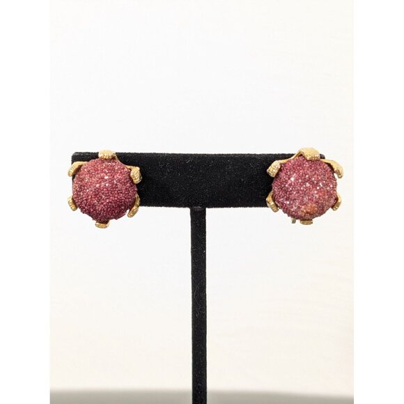 Vintage Raspberry Pink Sugared Round Clip On Earrings Gold Tone MCM Bold - Picture 2 of 9